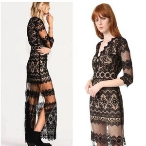 Jen’s Pirate Booty Black Phantome Lace Maxi Dress Gothic Revival Sheer Sz Small